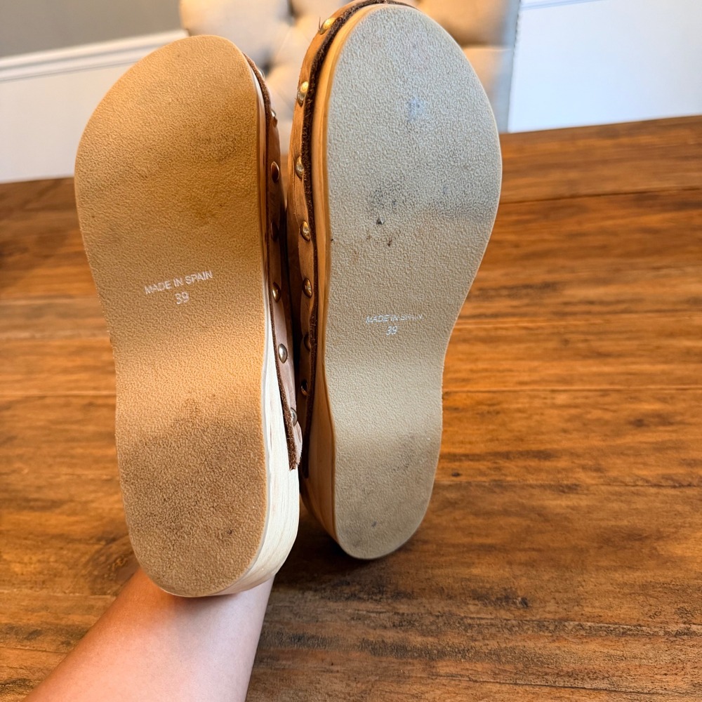 Boden Tan Leather Penny Loafer Clogs Wooden Platform Studded Mules Womens 39 - Picture 5 of 7